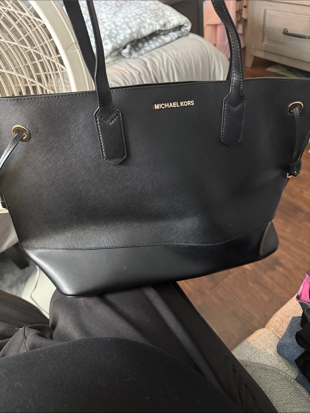 Michael Kors Black Leather Tote with Gold Accents and Matching Pouch